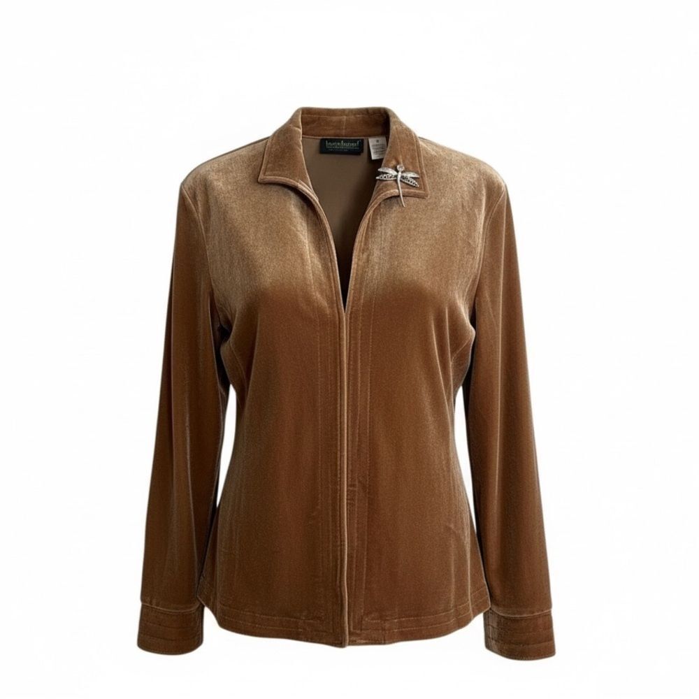 Harve Benard Open Front Velvet Cocktail Jacket‎ With Dragonfly Brooch Tan Small